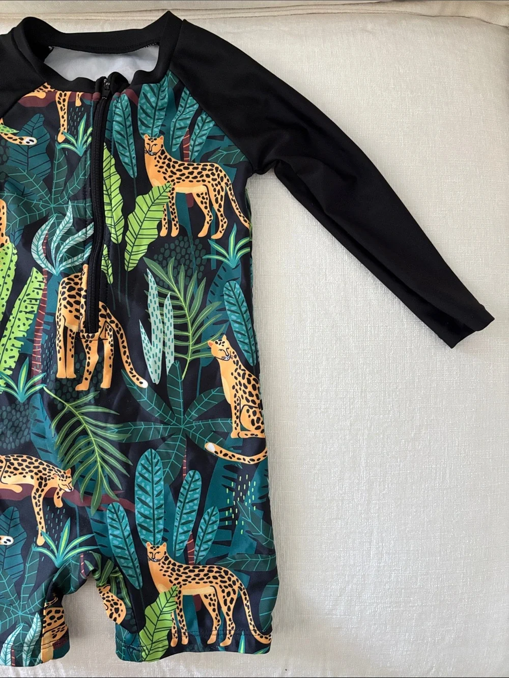 SHEIN Black Rashguard Swimsuit with Green Jungle & Gold Leopard Print